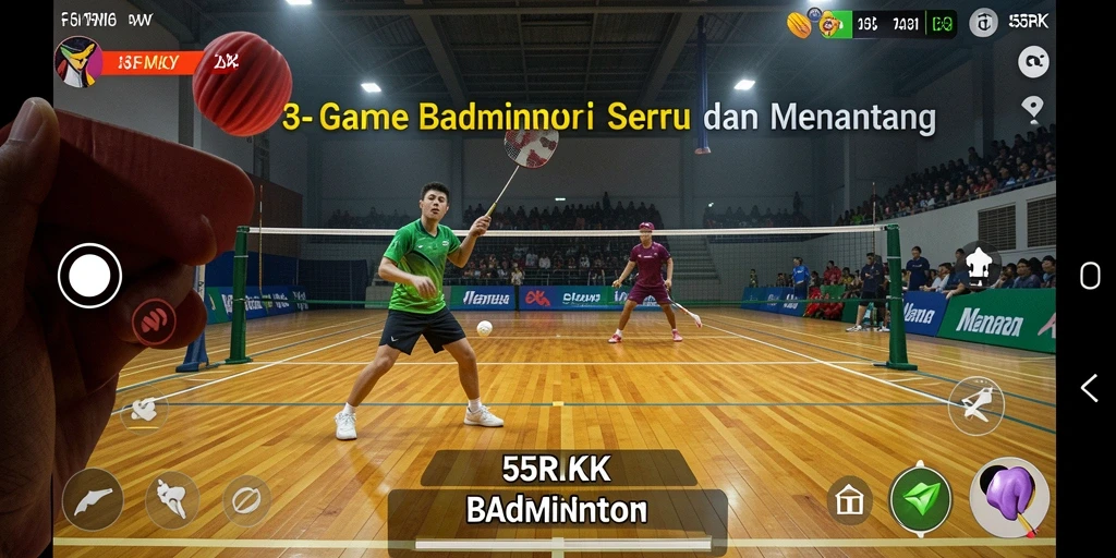 Tampilan antarmuka <strong>55RK</strong> yang menonjolkan aksi pertandingan Badminton.